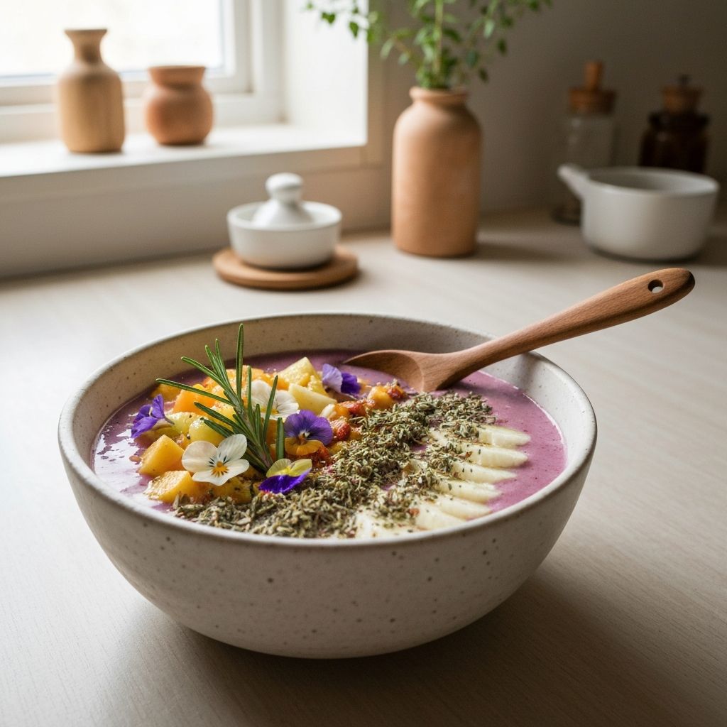 Smoothie bowl z botanicznymi dodatkami i drewnianą łyżką
