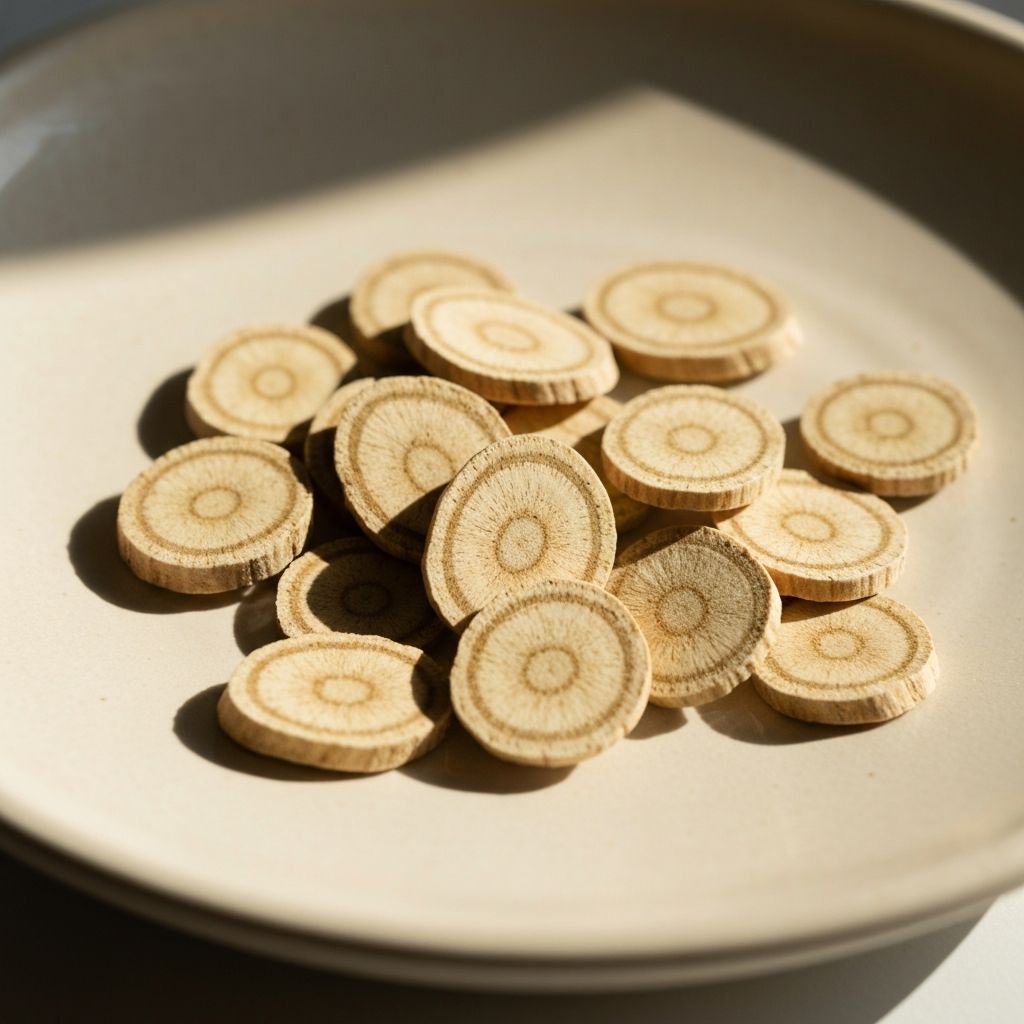 Suszone plastry korzenia ashwagandhy w ceramicznej misce