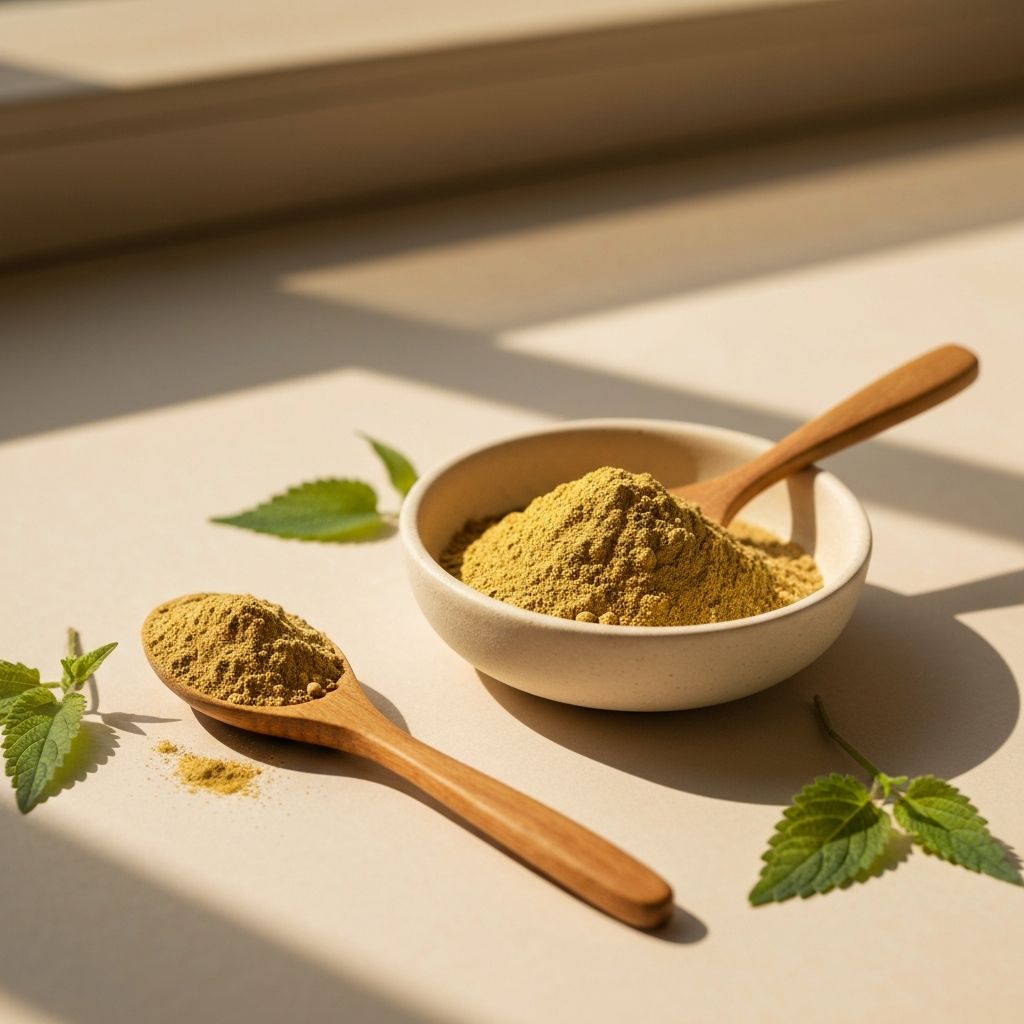 Proszek ashwagandhy w drewnianej łyżce i ceramicznej misce z liśćmi melisy