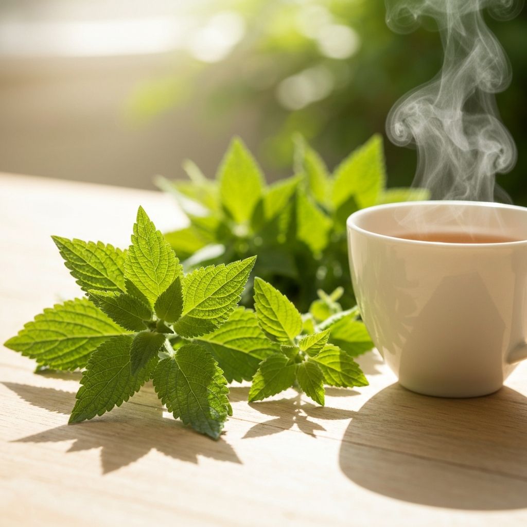 Świeża melisa i bazylia święta z ceramiczną filiżanką herbaty