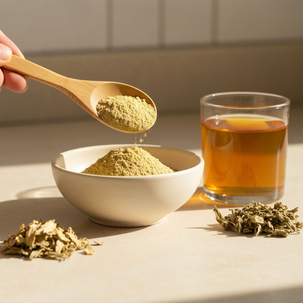 Scena przygotowania: drewniana łyżka z proszkiem ashwagandhy nad ceramiczną miską z herbatą