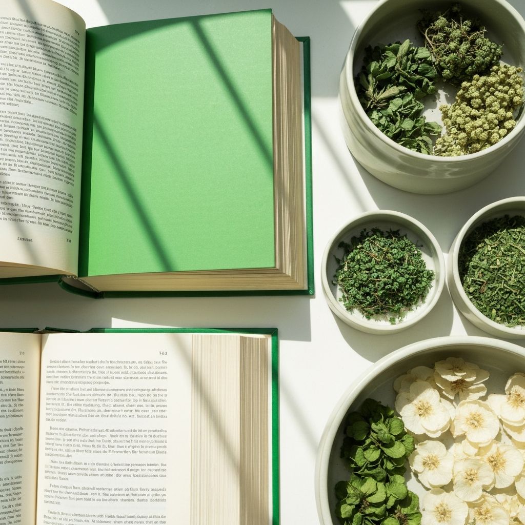 Płaskie złożenie materiałów badawczych: otwarte książki, suszone próbki roślin i ceramiczne naczynia